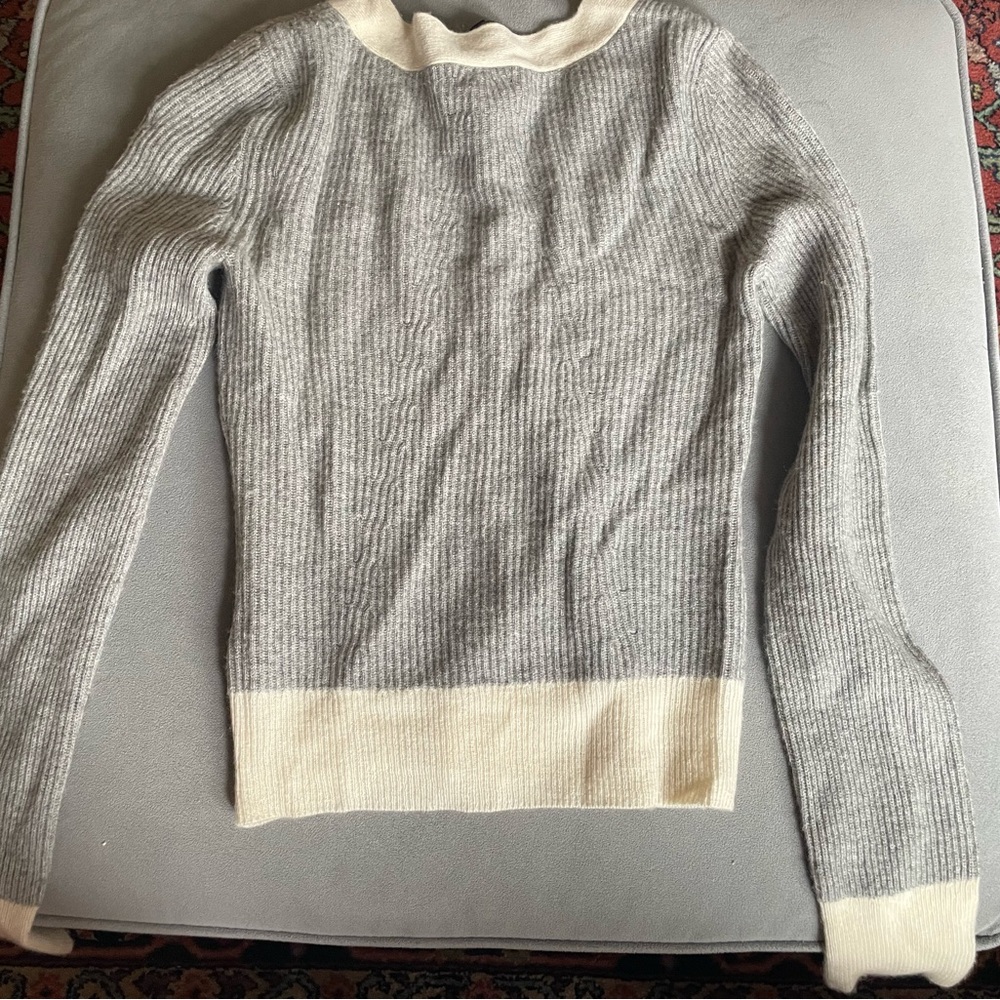 Women’s Gray Rag & Bone 100% Cashmere Ribbed Cardigan Sweater with Cream Trim